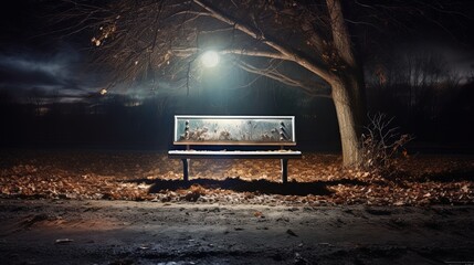 Bench by the roadside with overhead spotlight at night, generated by ai