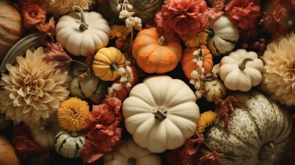 Generative AI, Halloween and Thanksgiving decoration for home and celebration concept, pumpkins and plants, autumn background