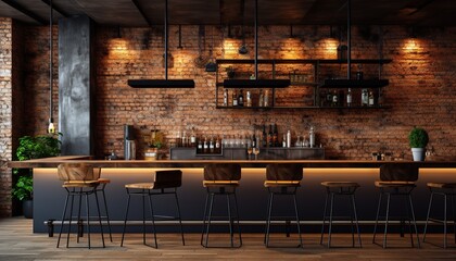 Interior of cozy restaurant, loft style, with bar and chairs with concrete walls and wooden floor indoors - Powered by Adobe