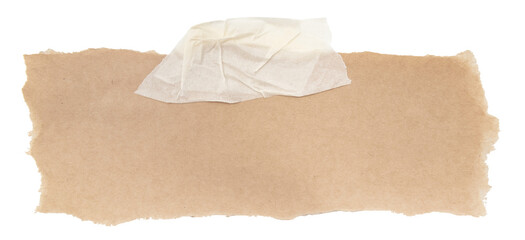 A sheet of brown torn kraft note paper on a white background. Note paper with tape