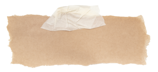 A sheet of brown torn kraft note paper on a white background. Note paper with tape