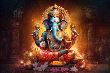 Ganesha Hindu God , with flowers, oil painting taken up into heaven, sitting in front of bokeh mandala background