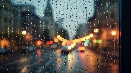 Rain on the window with a cityscape at night, generated by ai