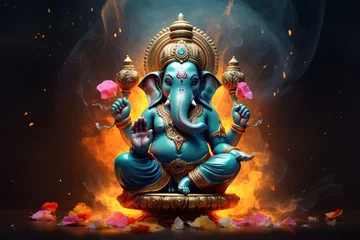 Tuinposter Ganesha Hindu God , with flowers, oil painting taken up into heaven, sitting in front of bokeh mandala background © CravenA