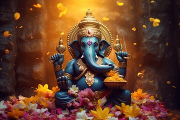 Ganesha Hindu God , with flowers, oil painting taken up into heaven, sitting in front of bokeh mandala background - obrazy, fototapety, plakaty
