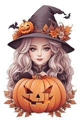 Little witch with pumpkin and bats, Happy Halloween, Generative AI