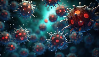 Microscopic macroscopic close view of cells attacked by virus and bacteria science and medical microbiology render - obrazy, fototapety, plakaty