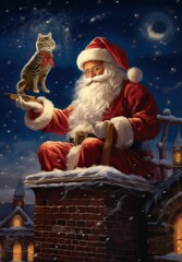 Illustration of Santa Claus holding a cat in a festive painting created with Generative AI technology