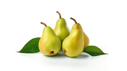 Pears with a green glaze. a fruit with leaves that is a pear in whole and half. Floral botanical composition that is realistic. On a white background, take a photo of yourself. unusual culinary design