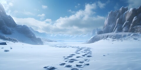 Fototapeta premium Footprints in the snow, panning, science fiction, 2K, high detail