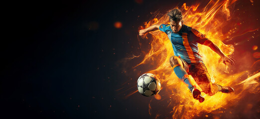 the essence of a soccer player in motion as they kick a ball with intense energy, surrounded by vibrant colors and splashes - obrazy, fototapety, plakaty