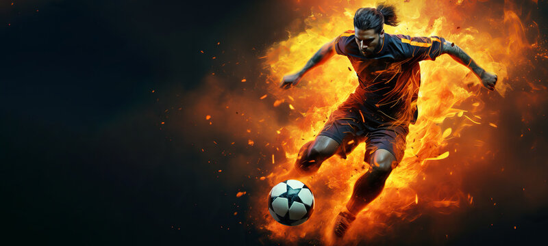 the essence of a soccer player in motion as they kick a ball with intense energy, surrounded by vibrant colors and splashes