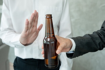 man refuses say no and avoid to drink alcohol at work, stopping hand sign male, alcoholism...