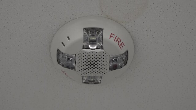 Close up on ceiling mounted flashing fire alarm
