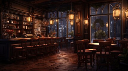 a very cozy coffee shop with beautiful wooden tables and chairs, in the style of darkly romantic, dark beige and amber