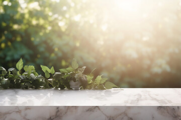 white marble platform with leaves, product, background, cosmetic display