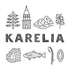 Poster with lettering and doodle outline Karelia icons. - obrazy, fototapety, plakaty
