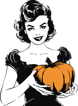 Vintage woman holding a pumpkin halloween, Happy Halloween Vector Illustration, SVG