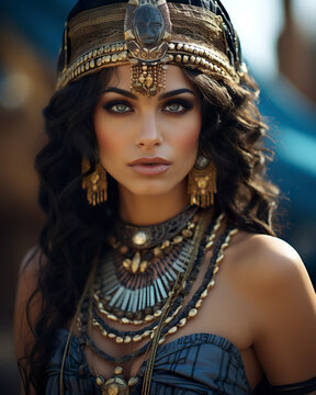 A woman gracefully adorned in attire reminiscent of the ancient Egyptian civilization, exuding an air of timeless elegance and cultural allure. Woman of ancient Egypt.