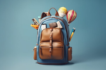 backpack fly whith School supplies fly out in the air on a bright pastel. Travel and mountain trips, hot air balloons and travel bag. generative ai