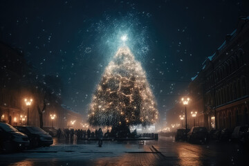 Fototapeta premium A big beautiful decorated Christmas tree for the new year. Celebrating Christmas, New Year's holidays. Christmas tree in the center of the old town. Generative AI.