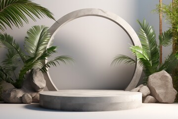round marble 3d render rock podium with palm tree leaves. Product photography set design backdrop.