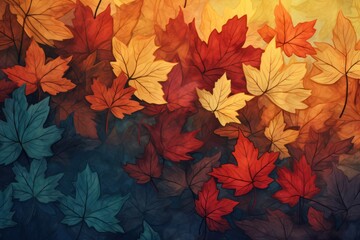 autumn  maple leaves background. gradient from green to yellow and red - obrazy, fototapety, plakaty