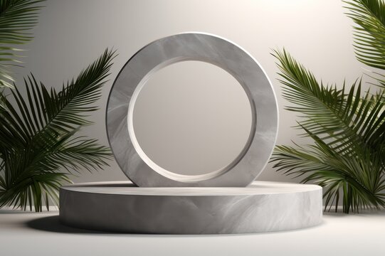 Round Marble 3d Render Rock Podium With Palm Tree Leaves. Product Photography Set Design Backdrop.