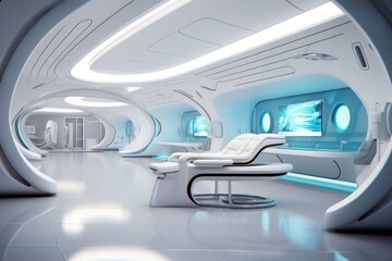 Obraz premium futuristic hospital interior with medical equipment. #d body scan. Health checkup and insurance.