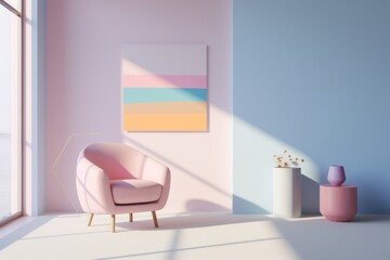 Pastel pink interior of hotel room. Living room  in modern apartment with panoramic windows. Pink armchair.