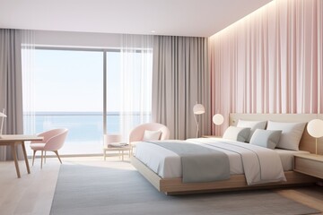 Pastel pink interior of hotel room. Bedroom in modern apartment with panoramic windows. 