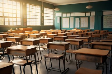 Fototapeta na wymiar Empty Classroom featuring Wooden Chairs. Generative Ai