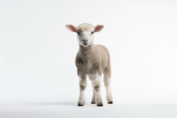 Fototapeta premium Cutout of a young sheep lamb looking at the camera on a white backdrop. full length side view of the body idea of innocence and giving something up. nobody is present. a space bar