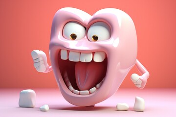 cartoon tooth. Dentist clinic poster. Tooth pain 3d illustration. Dental care. Mouth cartoon character. 