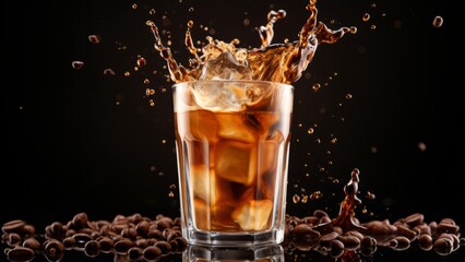 Ice cubes falling on a glass of iced coffee - obrazy, fototapety, plakaty