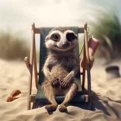 Cute meerkat relaxes on a sandy beach funny summer vacation image