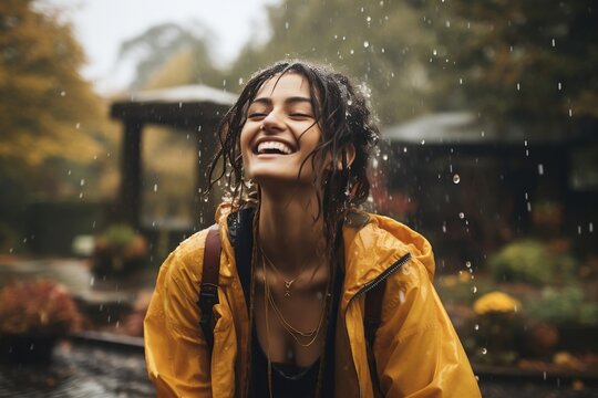 Rainy Bliss: Joyful Ethnic Female Embracing the Rain. Generative Ai