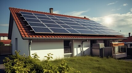 Fototapeta premium Solar panels on a roof made with Ai generative technology, Property is fictional