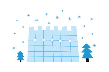 Doodle snowy fortress, snowflakes and fir trees.