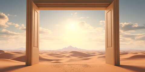 Opened door on desert. Unknown and start up concept. This is a 3d illustration