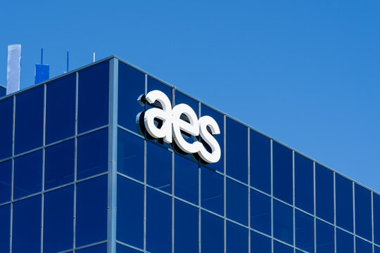 Close up of AES sign on the building at AES&rsquo;s US clean energy business headquarters in Salt lake City, UT, USA, June 26, 2023. AES is a clean energy developer.