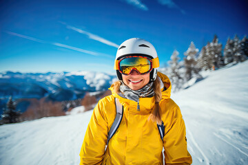 Fototapeta na wymiar Young woman skiing on a snowy mountain