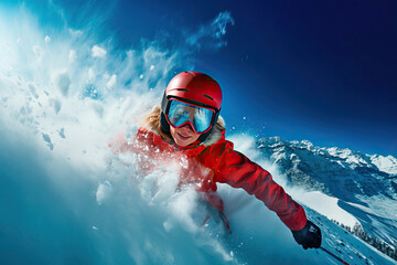 Young man speed skiing on a snowy mountain