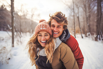 Happy couple enjoying a snowy day - Powered by Adobe