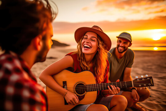 Group Of Friends Singing And Playing The Guitar On The Beach One Summer Afternoon