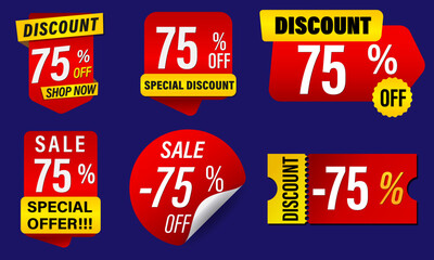 Set of discount label vector Illustration 75 percent, Promotion red and yellow design for an advertising campaign at retail clearance, special offer, tag, sticker flat. isolate EPS10