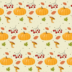 An autumn seamless pattern with pumpkin, rowan, mushroom, leaves in flat for packaging, wallpapers, fabrics