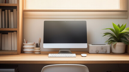 A clean and organized desk with a computer monitor and keyboard
