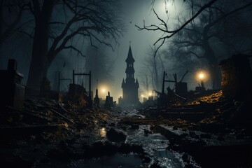 Festive Halloween Celebration with Scary Jack-O'-Lantern Pumpkin and Spooky Decorations.