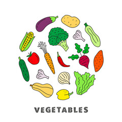 Doodle colorful food vegetable icons in circle.